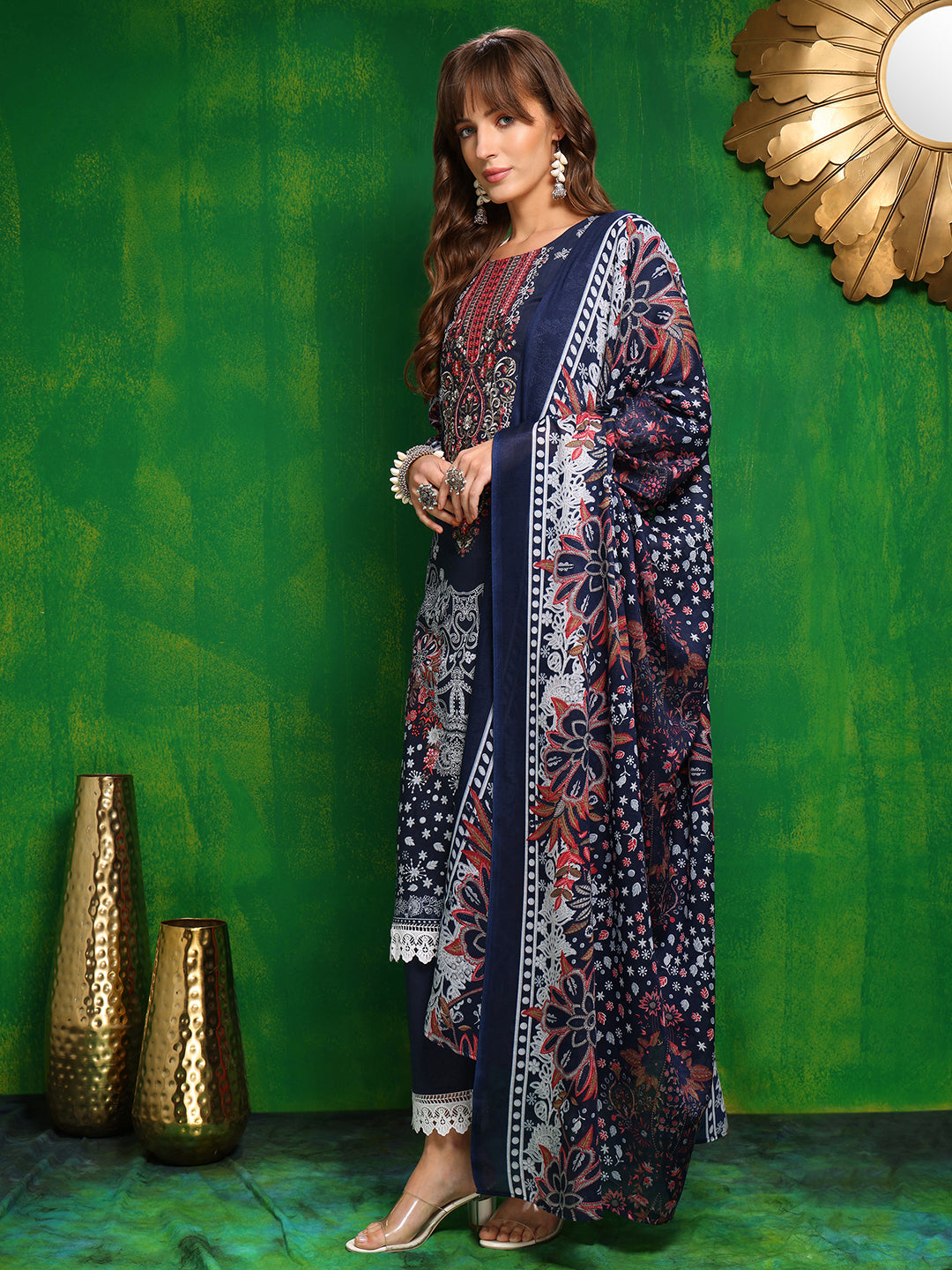 Pakistani Printed Kurta With Pant & Dupatta, Blue - Hiral Fashion - Distacart