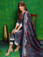 Pakistani Printed Kurta With Pant & Dupatta, Blue - Hiral Fashion - Distacart