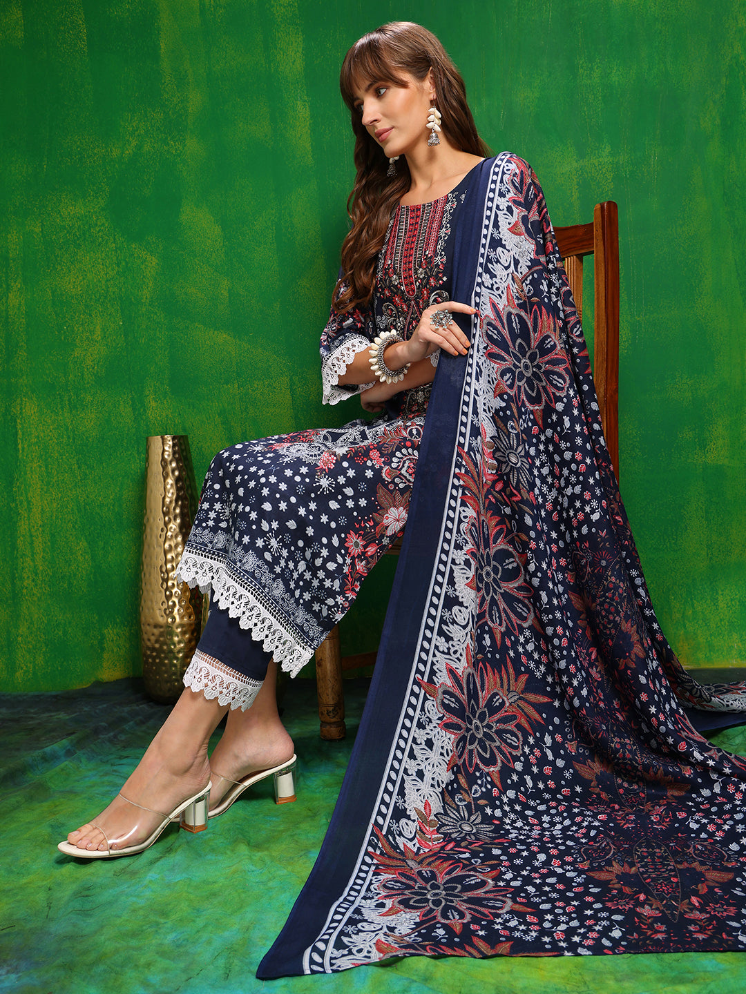 Pakistani Printed Kurta With Pant & Dupatta, Blue - Hiral Fashion - Distacart