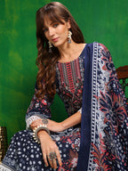Pakistani Printed Kurta With Pant & Dupatta, Blue - Hiral Fashion - Distacart