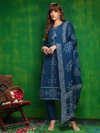 Bandhani Printed And Embroidered Kurta With Pant & Dupatta, Blue - Hiral Fashion - Distacart
