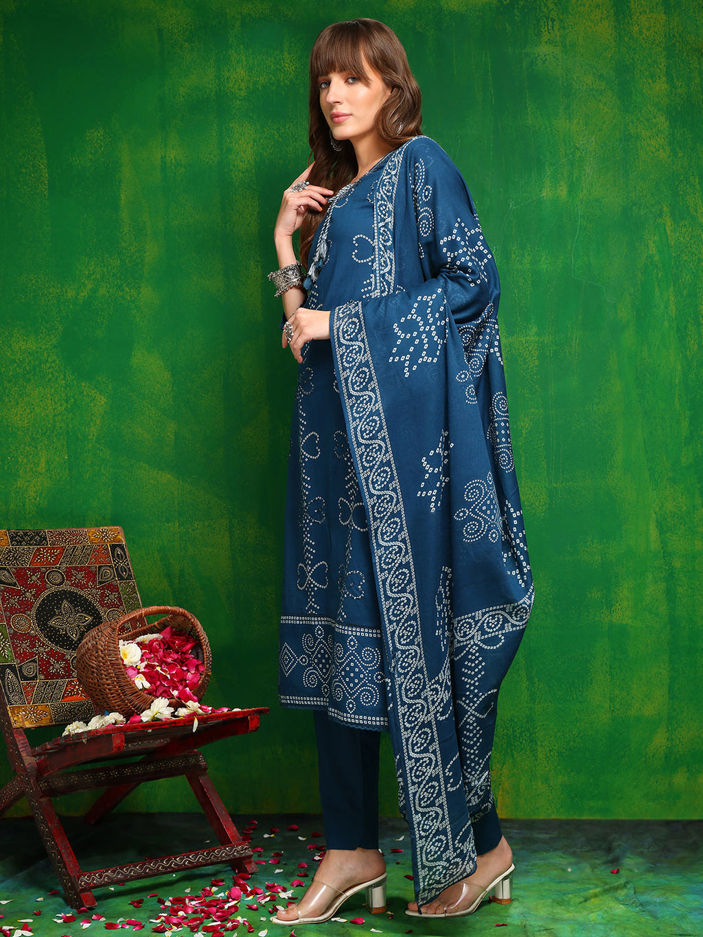 Bandhani Printed And Embroidered Kurta With Pant & Dupatta, Blue - Hiral Fashion - Distacart