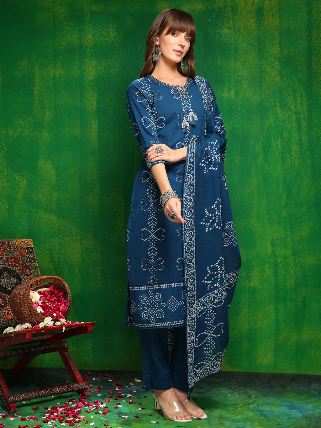 Bandhani Printed And Embroidered Kurta With Pant & Dupatta, Blue - Hiral Fashion - Distacart