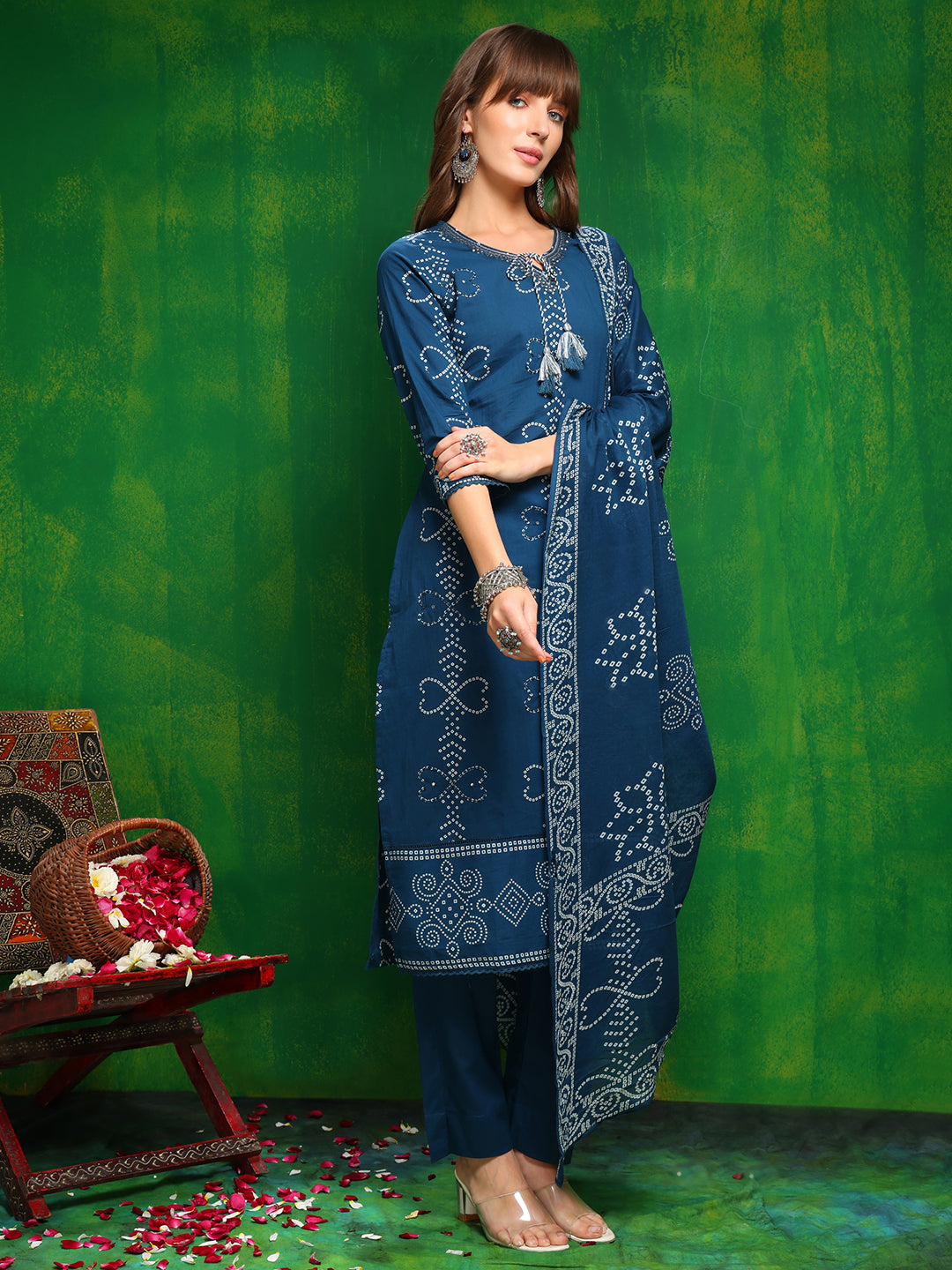 Bandhani Printed And Embroidered Kurta With Pant & Dupatta, Blue - Hiral Fashion - Distacart