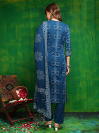 Bandhani Printed And Embroidered Kurta With Pant & Dupatta, Blue - Hiral Fashion - Distacart