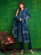 Bandhani Printed And Embroidered Kurta With Pant & Dupatta, Blue - Hiral Fashion - Distacart