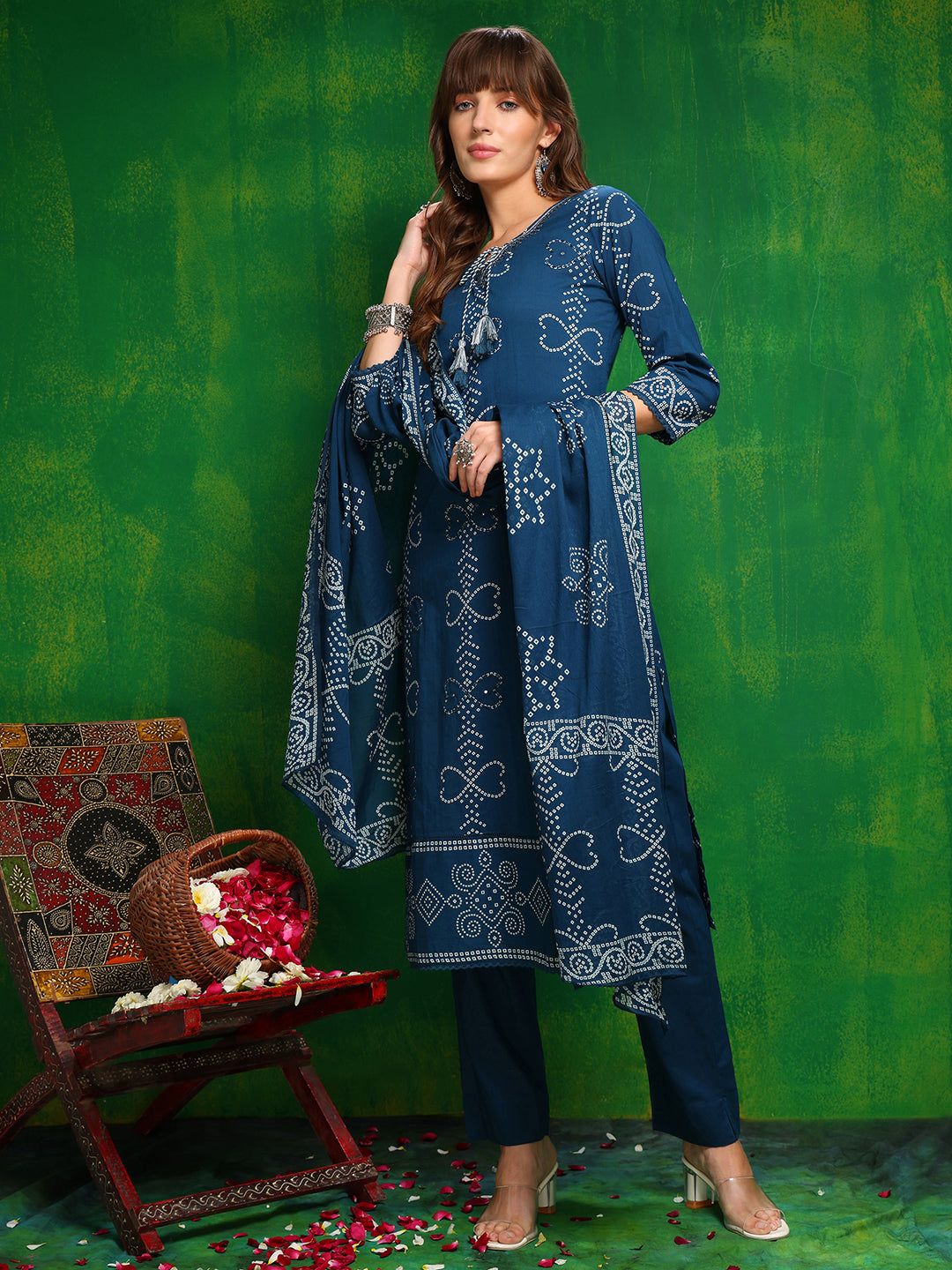 Bandhani Printed And Embroidered Kurta With Pant & Dupatta, Blue - Hiral Fashion - Distacart