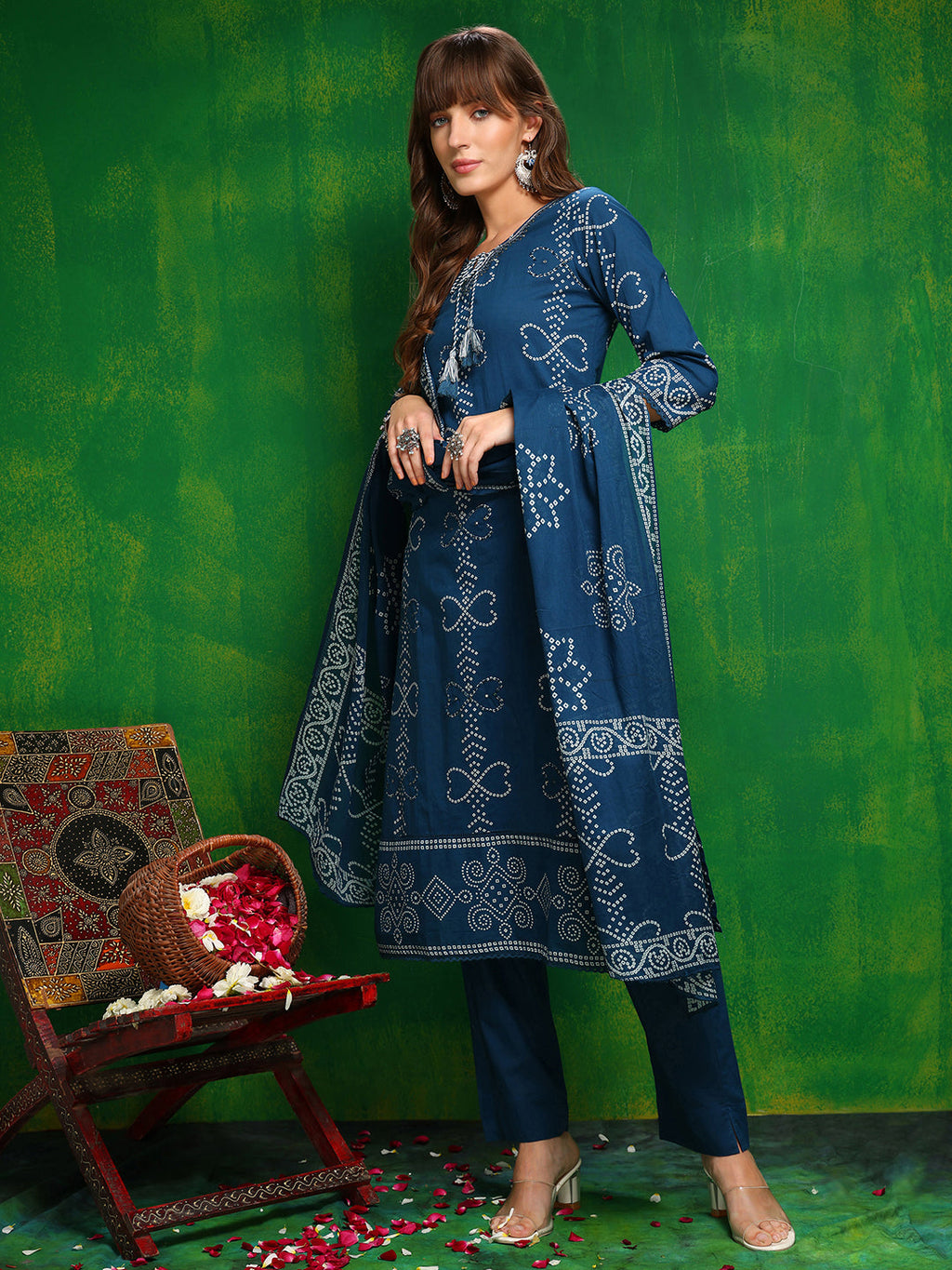 Bandhani Printed And Embroidered Kurta With Pant & Dupatta, Blue - Hiral Fashion - Distacart