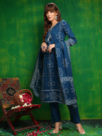 Bandhani Printed And Embroidered Kurta With Pant & Dupatta, Blue - Hiral Fashion - Distacart