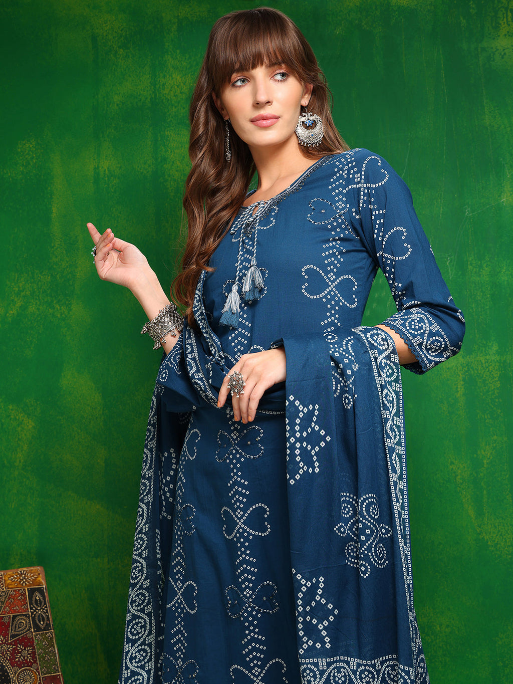 Bandhani Printed And Embroidered Kurta With Pant & Dupatta, Blue - Hiral Fashion - Distacart