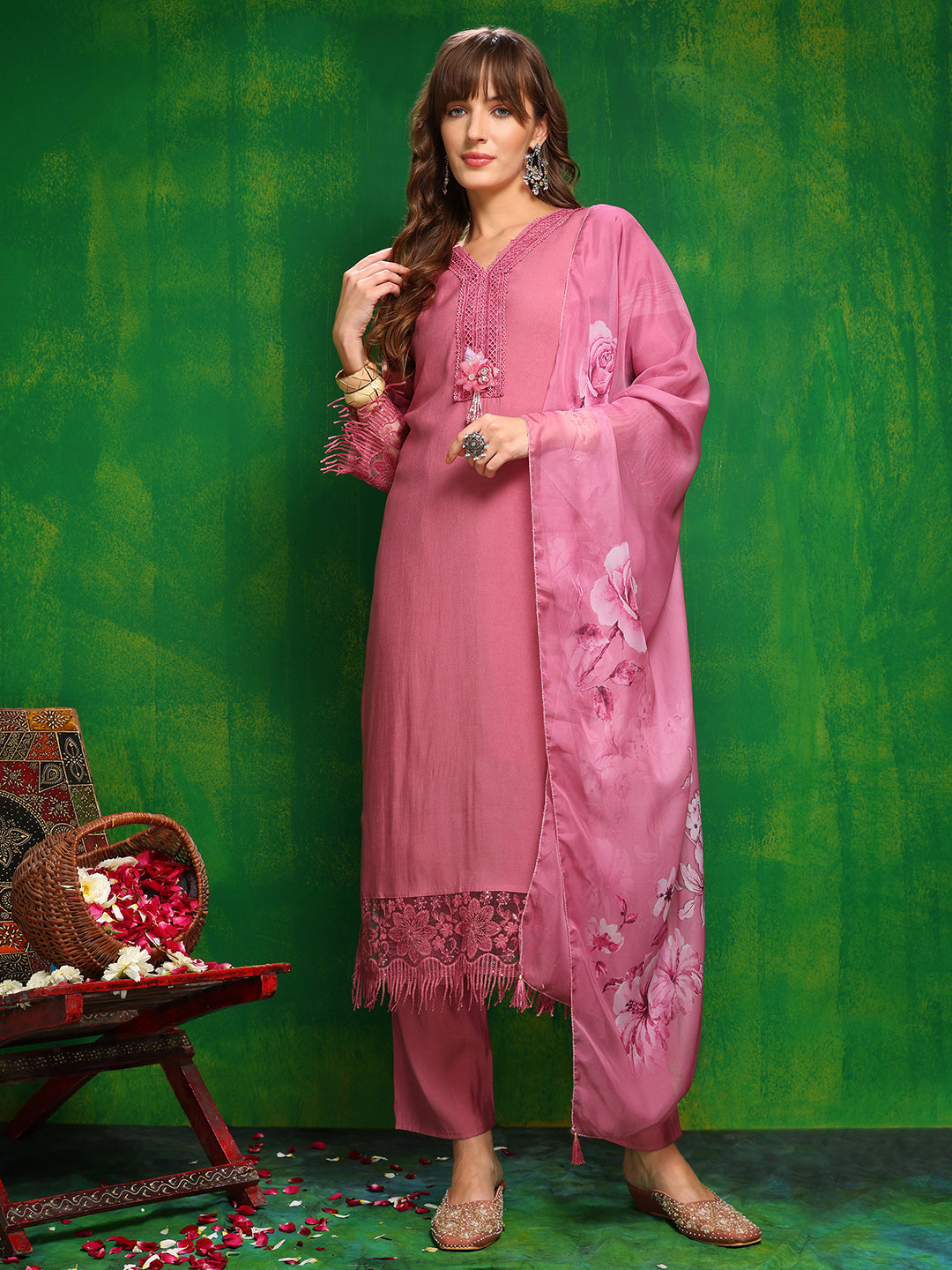 Artificial Flower & Lace Detailing Kurta With Pant & Dupatta, Pink - Hiral Fashion - Distacart