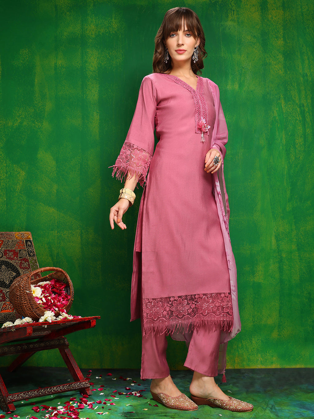 Artificial Flower & Lace Detailing Kurta With Pant & Dupatta, Pink - Hiral Fashion - Distacart