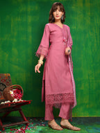 Artificial Flower & Lace Detailing Kurta With Pant & Dupatta, Pink - Hiral Fashion - Distacart