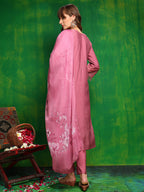 Artificial Flower & Lace Detailing Kurta With Pant & Dupatta, Pink - Hiral Fashion - Distacart