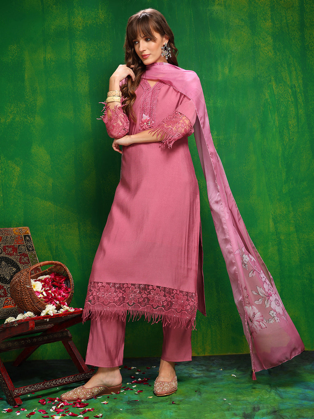 Artificial Flower & Lace Detailing Kurta With Pant & Dupatta, Pink - Hiral Fashion - Distacart