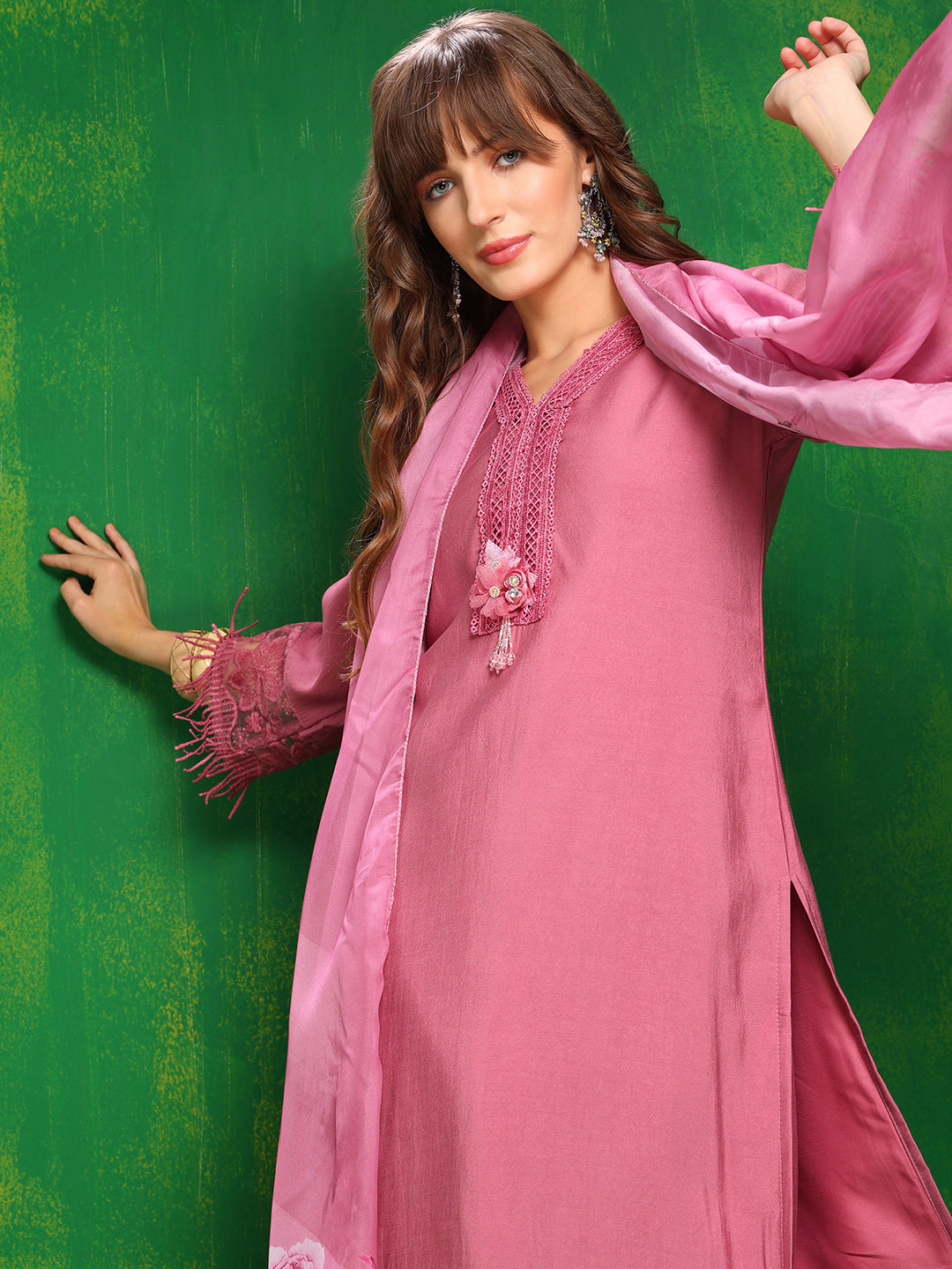 Artificial Flower & Lace Detailing Kurta With Pant & Dupatta, Pink - Hiral Fashion - Distacart