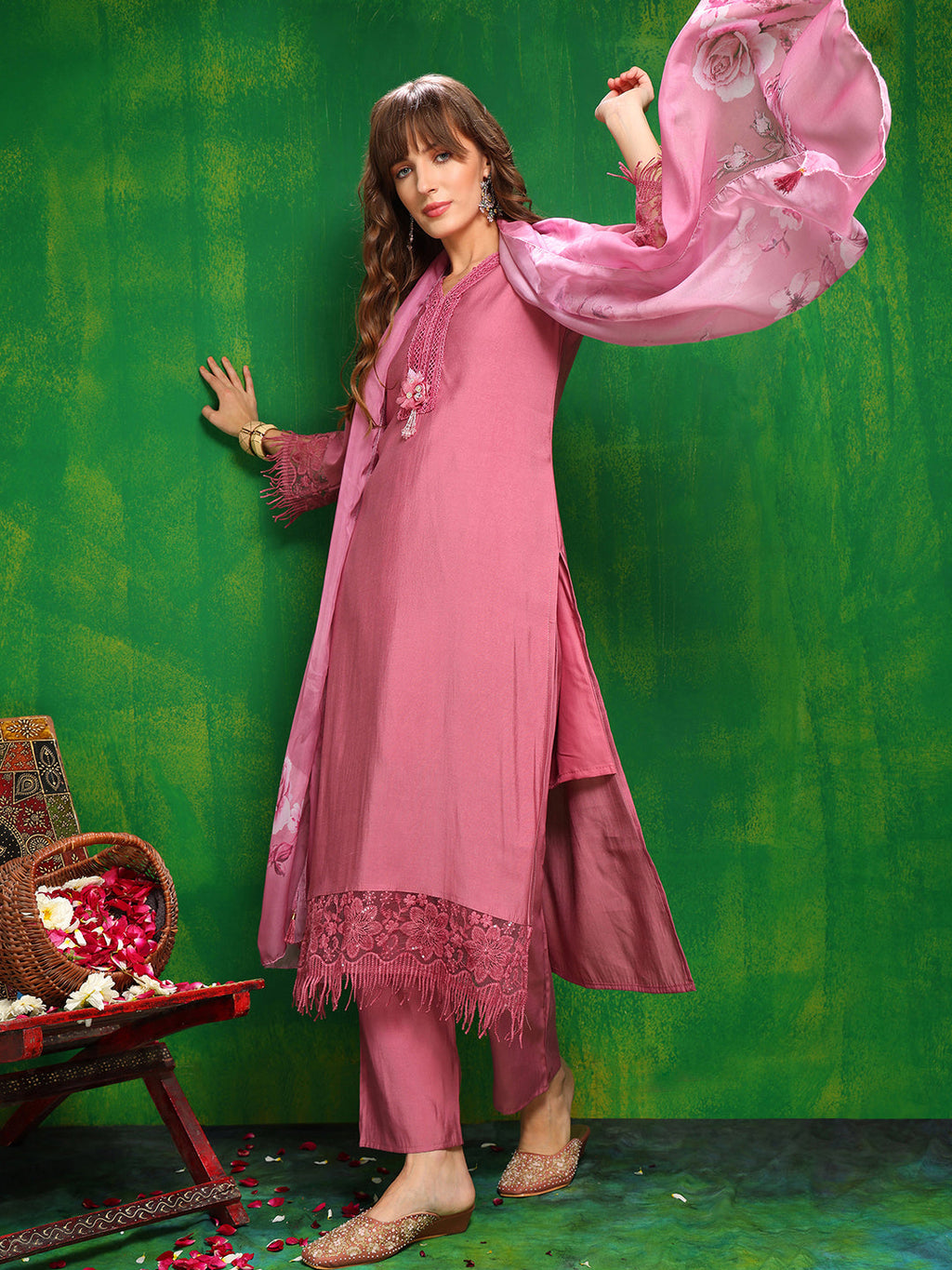 Artificial Flower & Lace Detailing Kurta With Pant & Dupatta, Pink - Hiral Fashion - Distacart