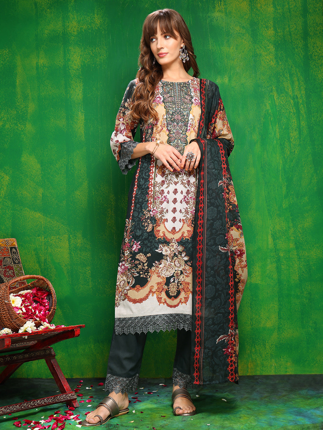 Pakistani Printed Kurta With Pant & Dupatta, Bottle-Green - Hiral Fashion