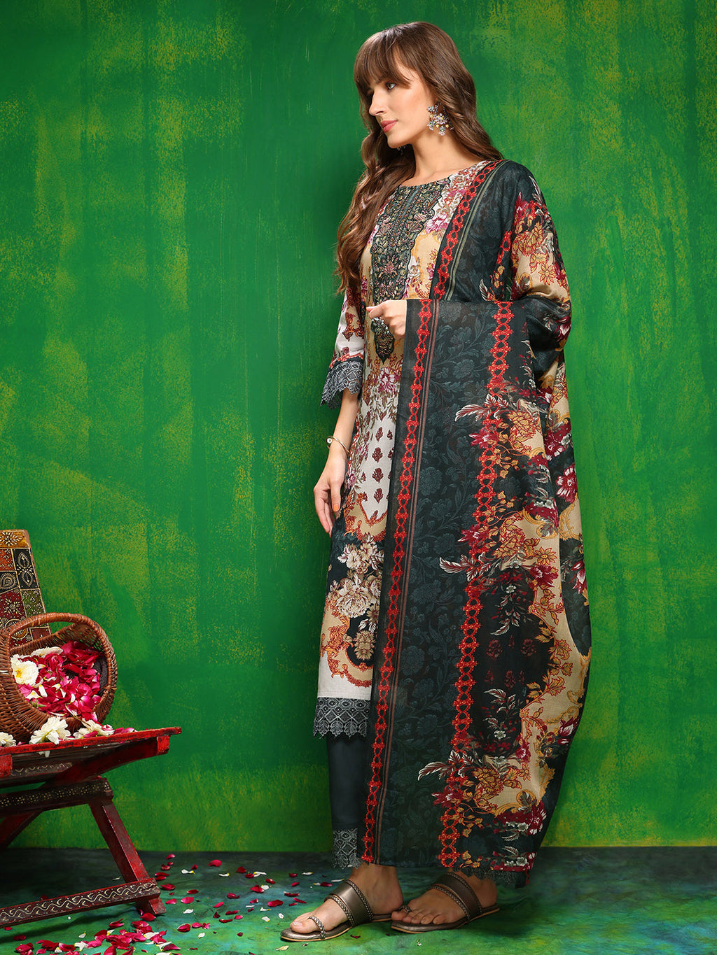 Pakistani Printed Kurta With Pant & Dupatta, Bottle-Green - Hiral Fashion