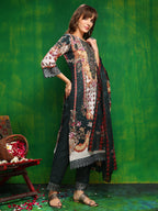 Pakistani Printed Kurta With Pant & Dupatta, Bottle-Green - Hiral Fashion