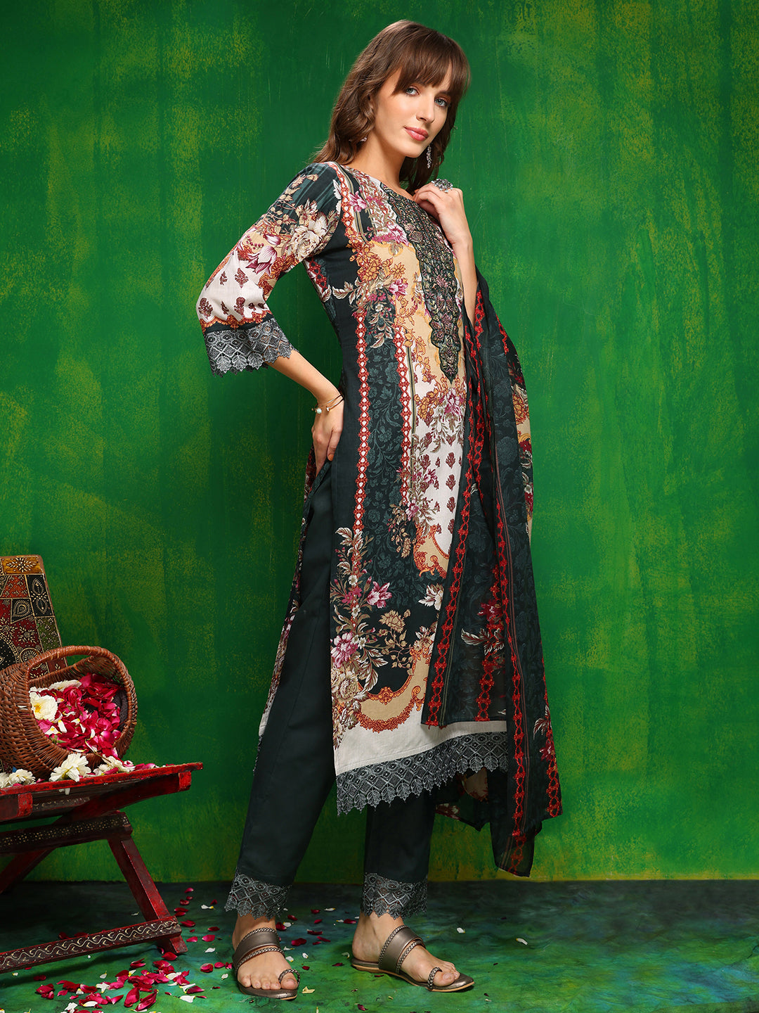 Pakistani Printed Kurta With Pant & Dupatta, Bottle-Green - Hiral Fashion