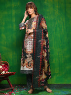 Pakistani Printed Kurta With Pant & Dupatta, Bottle-Green - Hiral Fashion
