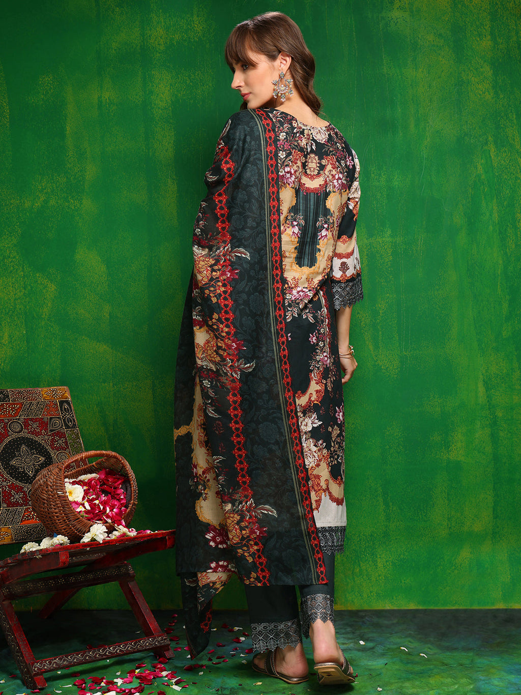 Pakistani Printed Kurta With Pant & Dupatta, Bottle-Green - Hiral Fashion