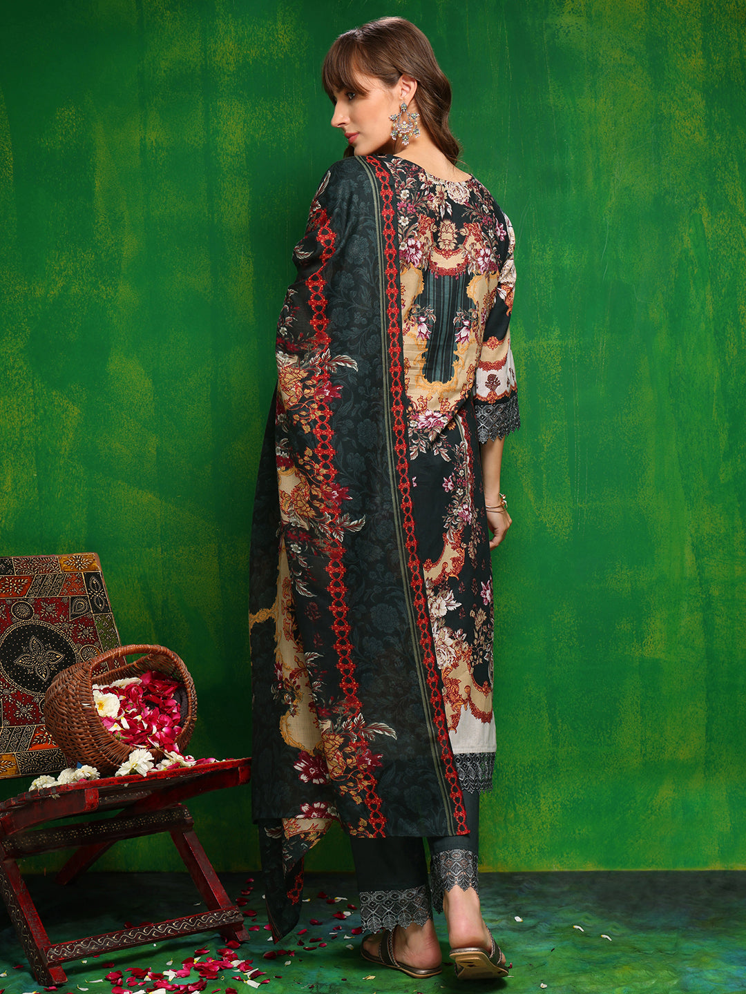Pakistani Printed Kurta With Pant & Dupatta, Bottle-Green - Hiral Fashion