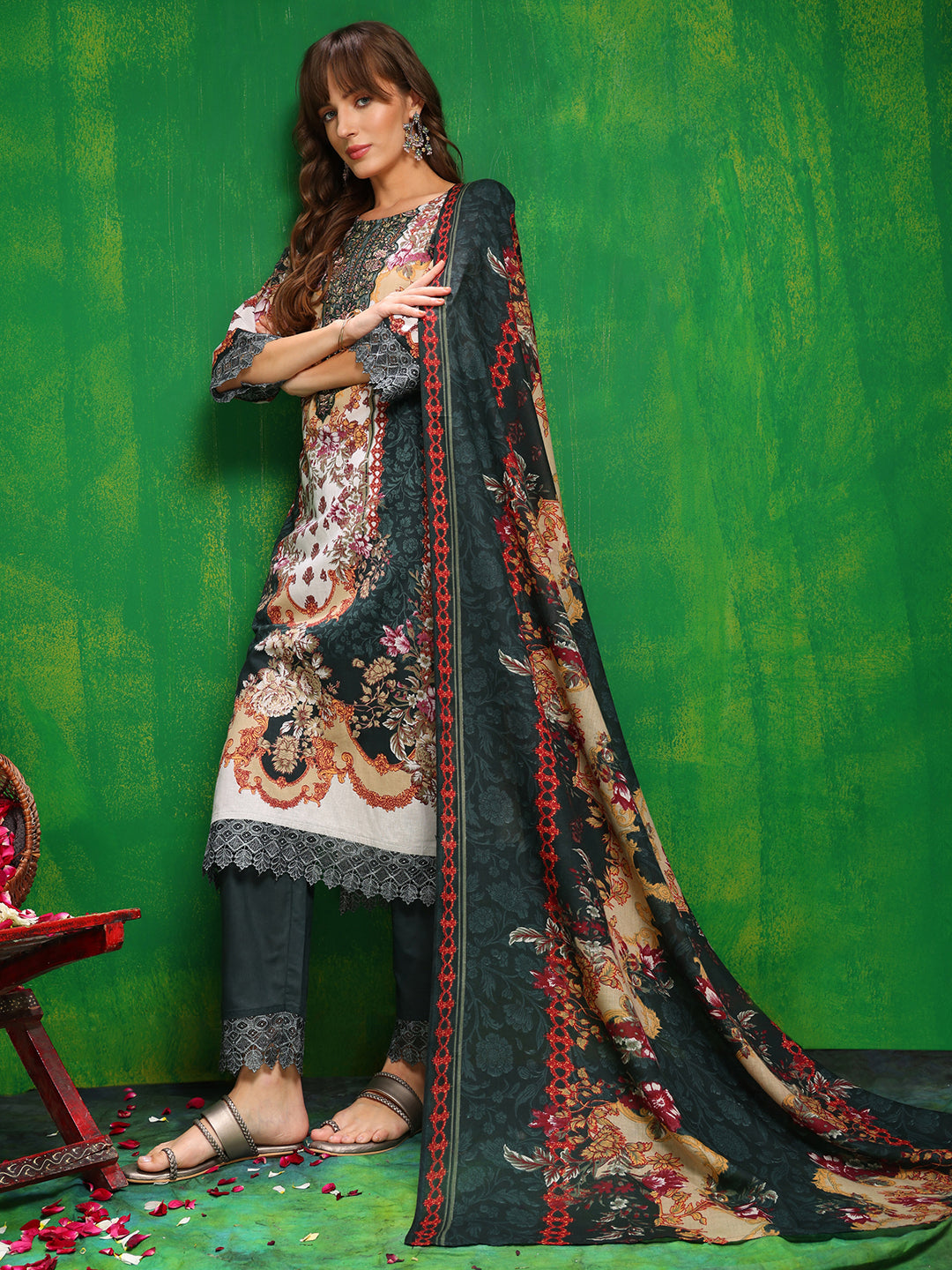 Pakistani Printed Kurta With Pant & Dupatta, Bottle-Green - Hiral Fashion