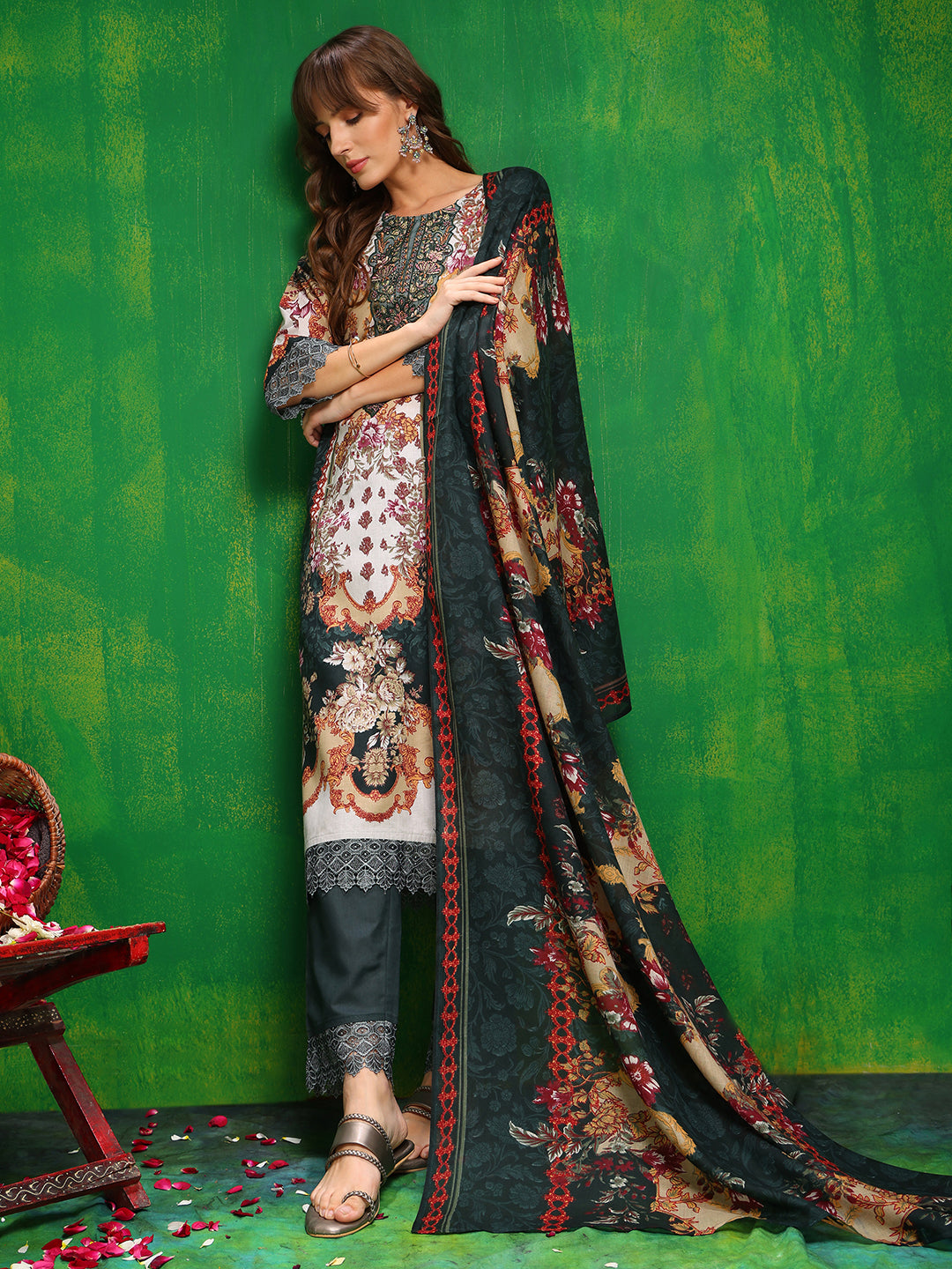 Pakistani Printed Kurta With Pant & Dupatta, Bottle-Green - Hiral Fashion