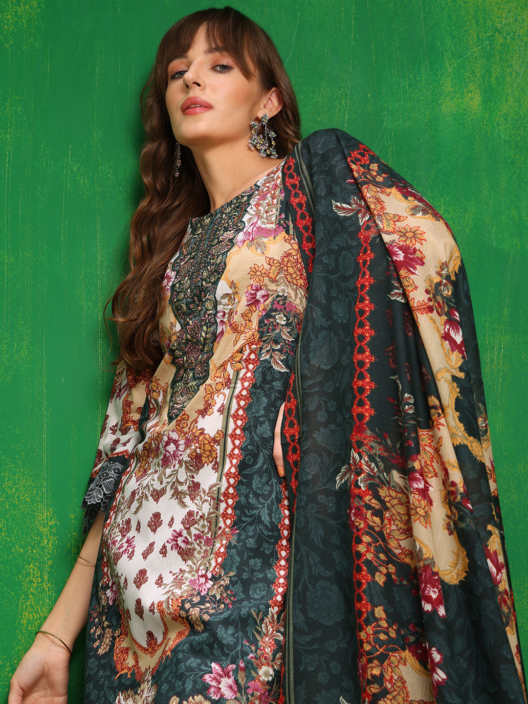 Pakistani Printed Kurta With Pant & Dupatta, Bottle-Green - Hiral Fashion
