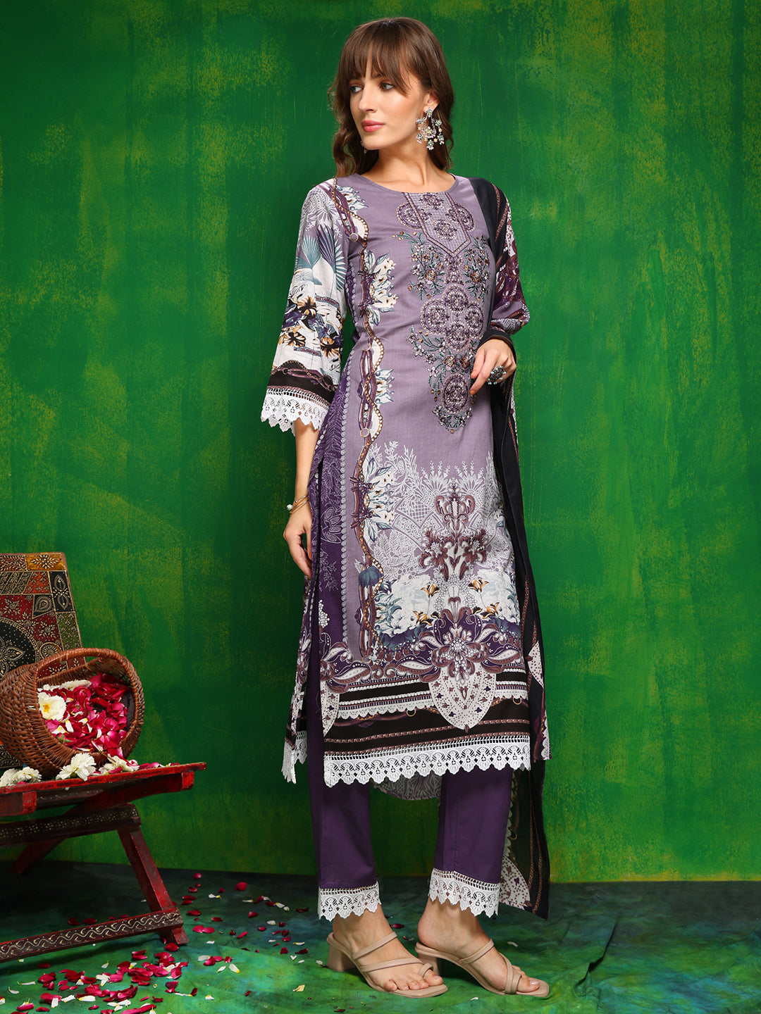 Pakistani Printed Kurta With Pant & Dupatta, Lavender - Hiral Fashion - Distacart