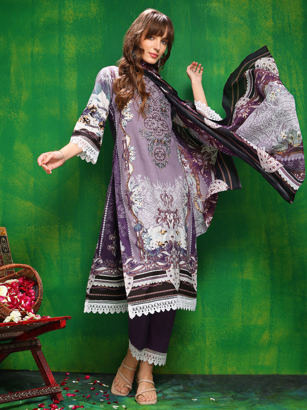 Pakistani Printed Kurta With Pant & Dupatta, Lavender - Hiral Fashion - Distacart
