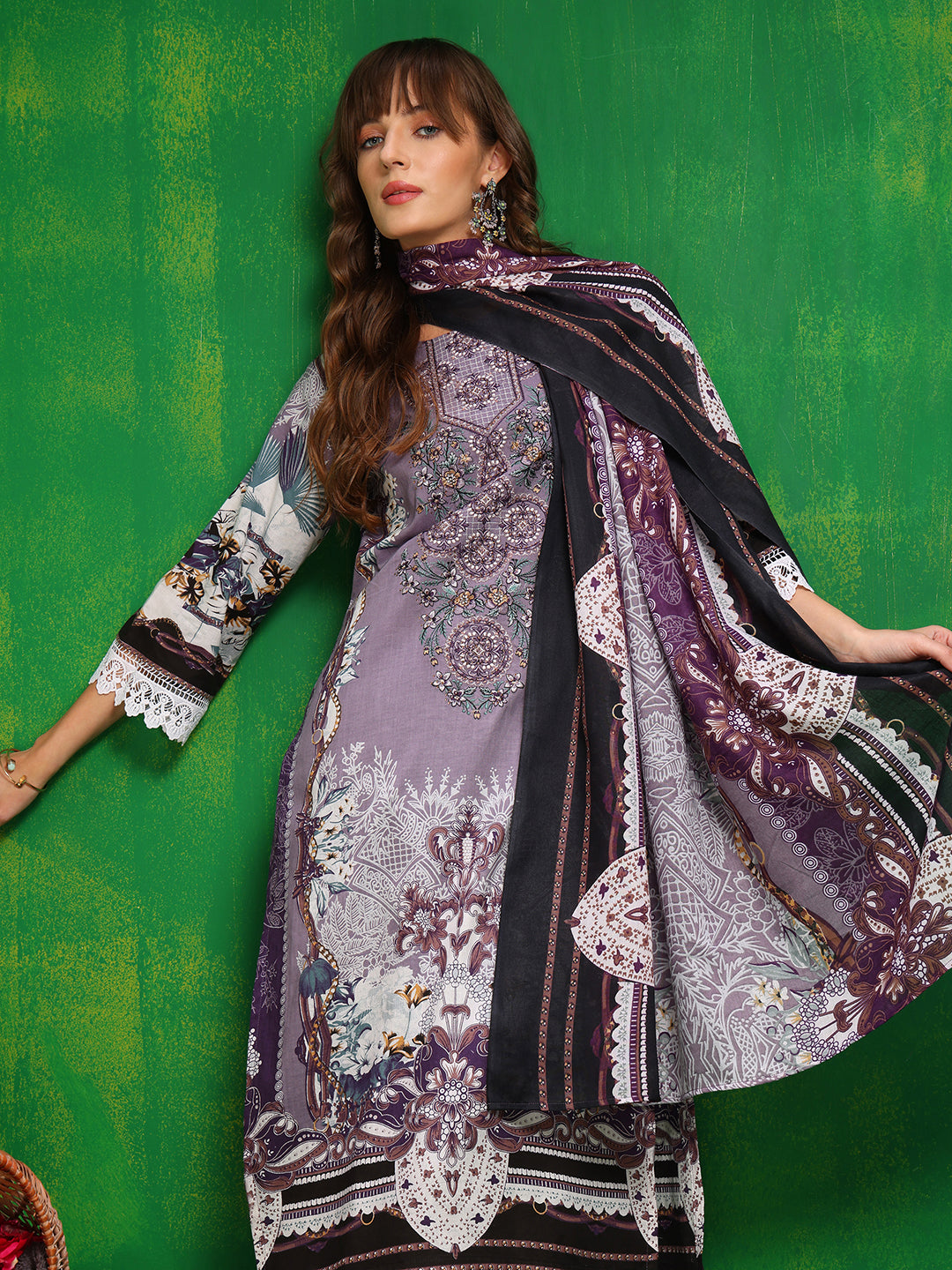 Pakistani Printed Kurta With Pant & Dupatta, Lavender - Hiral Fashion - Distacart