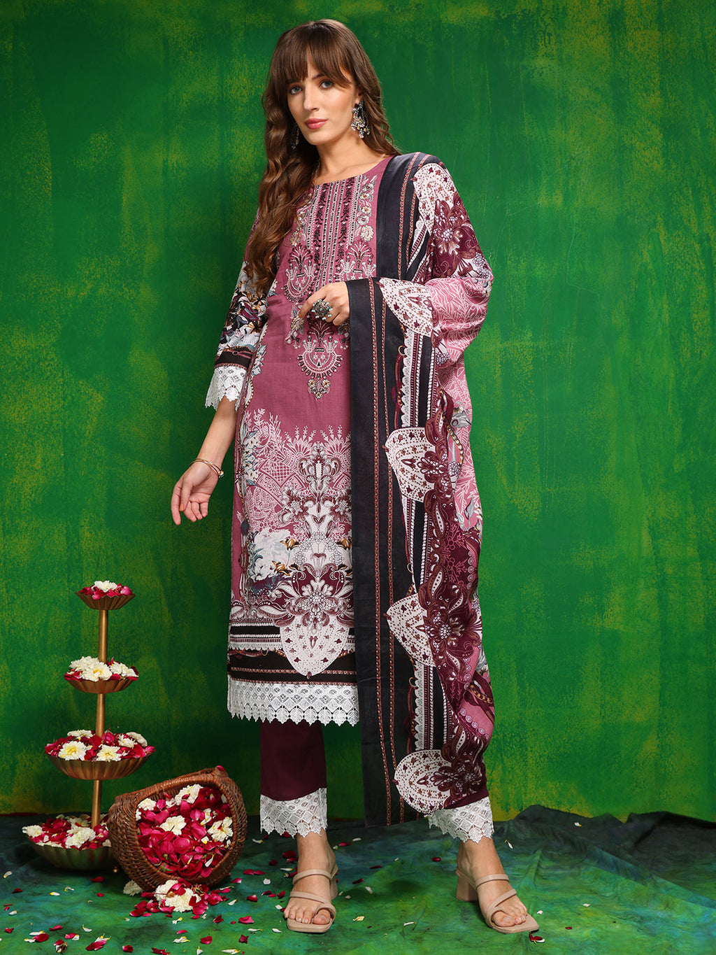 Pakistani Printed Kurta With Pant & Dupatta, Pink - Hiral Fashion