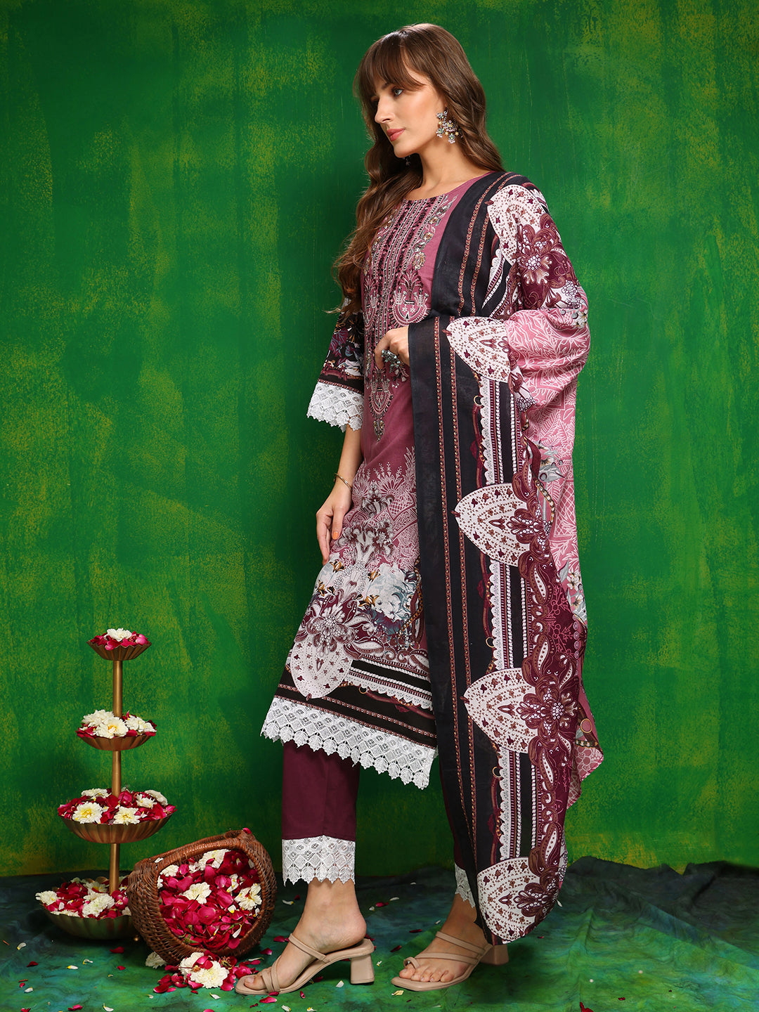 Pakistani Printed Kurta With Pant & Dupatta, Pink - Hiral Fashion
