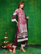 Pakistani Printed Kurta With Pant & Dupatta, Pink - Hiral Fashion