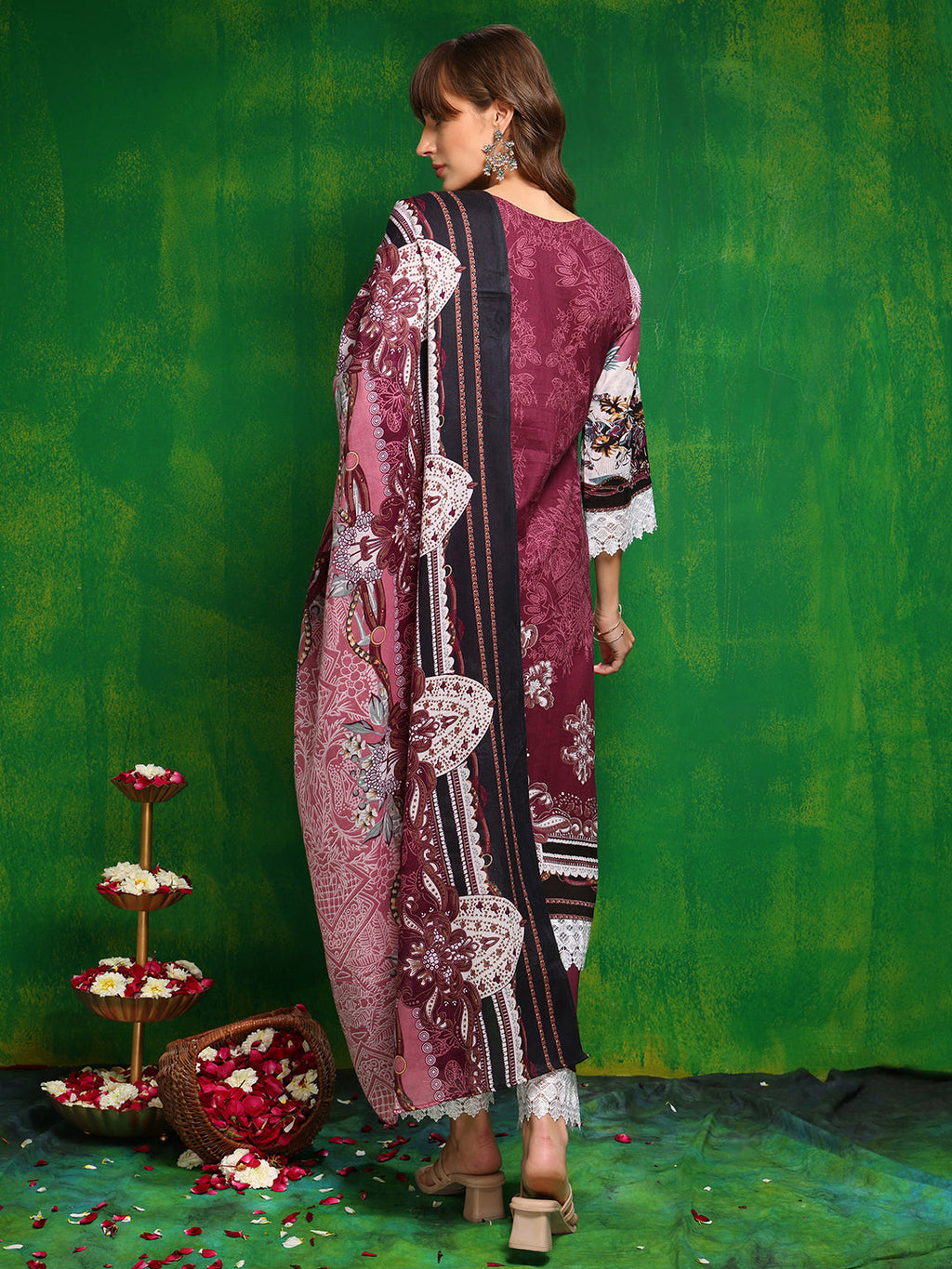 Pakistani Printed Kurta With Pant & Dupatta, Pink - Hiral Fashion