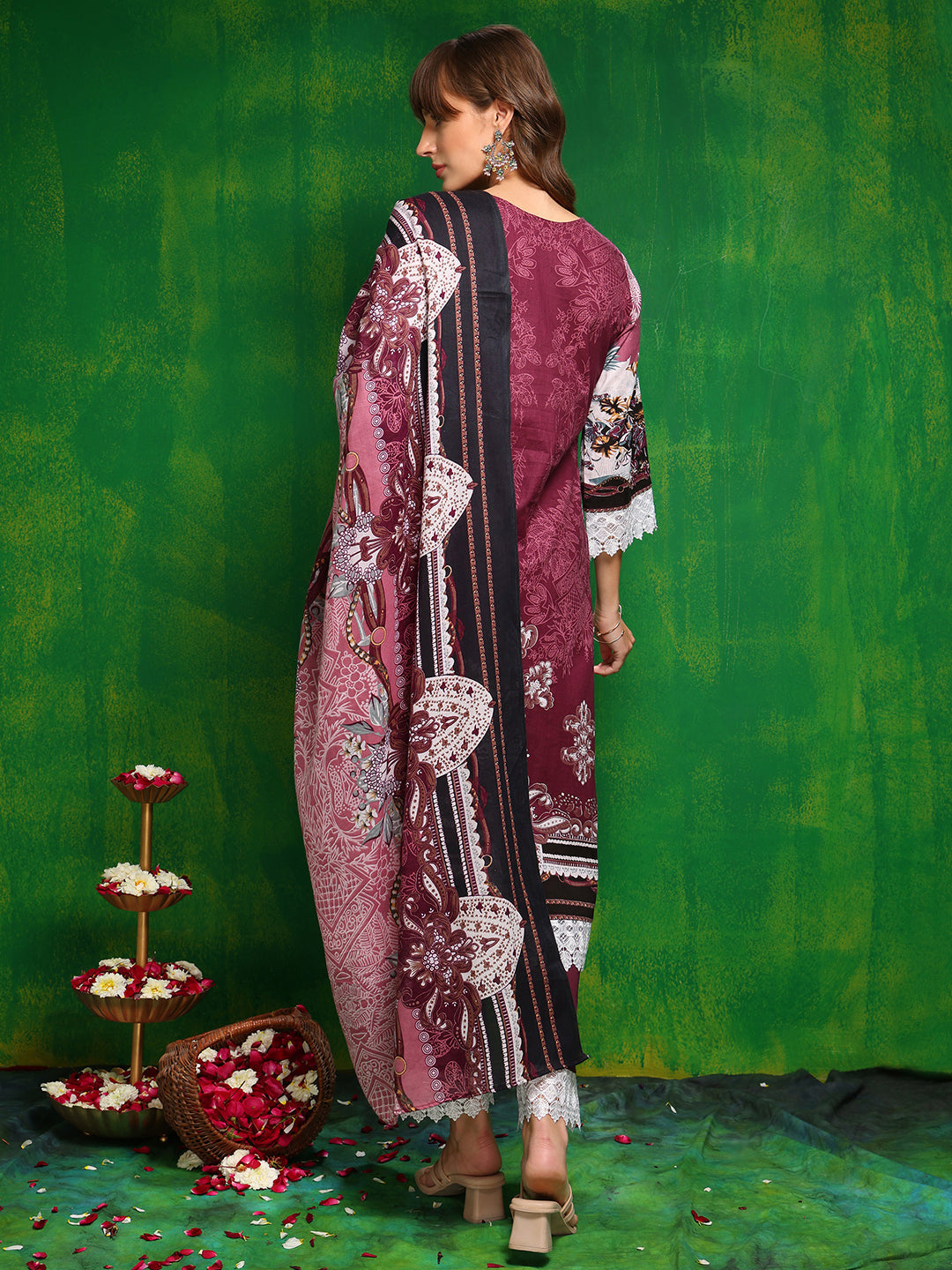 Pakistani Printed Kurta With Pant & Dupatta, Pink - Hiral Fashion