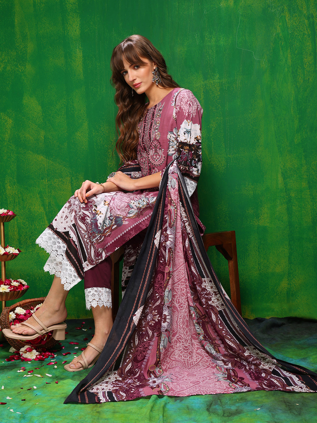 Pakistani Printed Kurta With Pant & Dupatta, Pink - Hiral Fashion