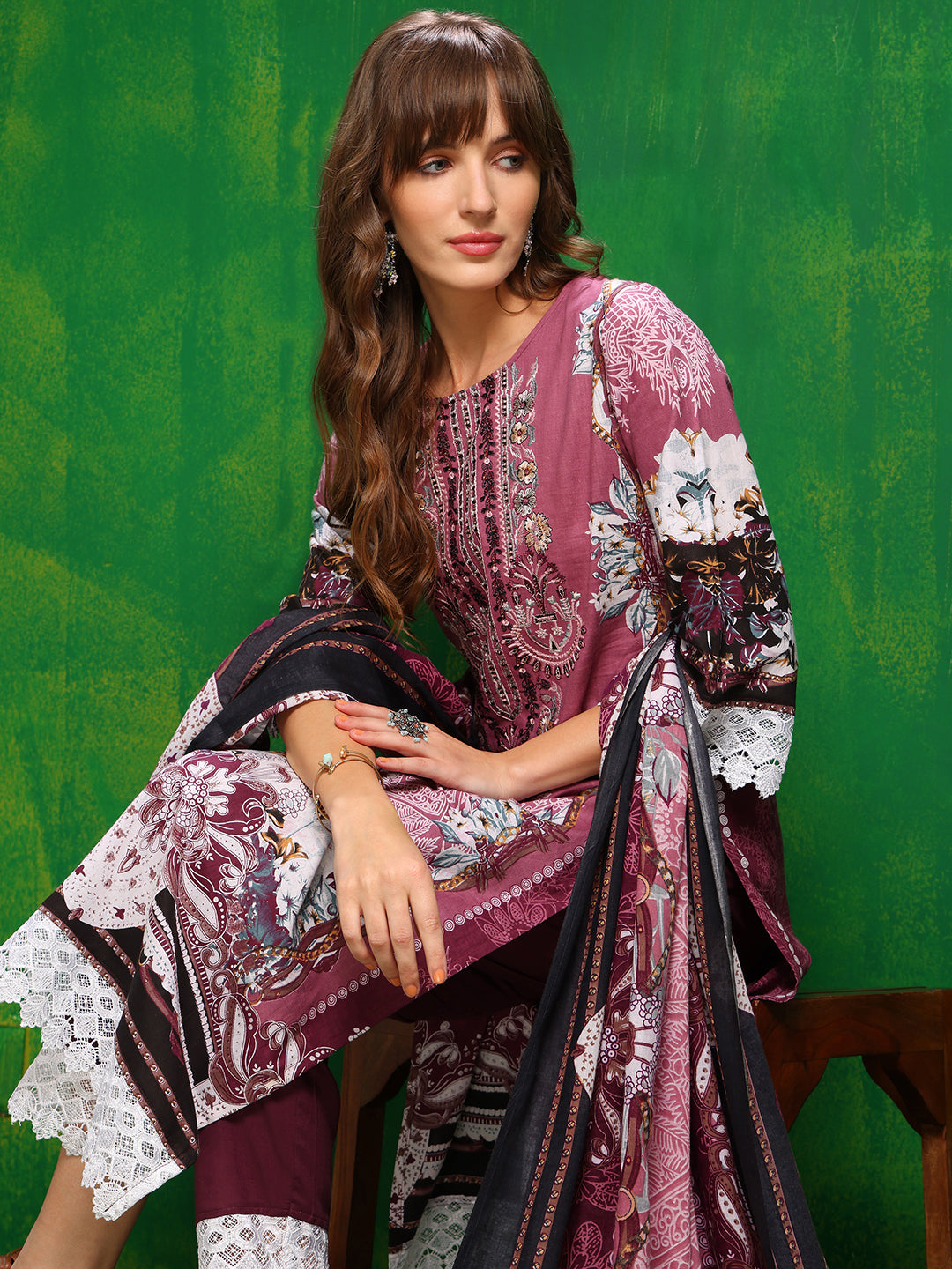 Pakistani Printed Kurta With Pant & Dupatta, Pink - Hiral Fashion