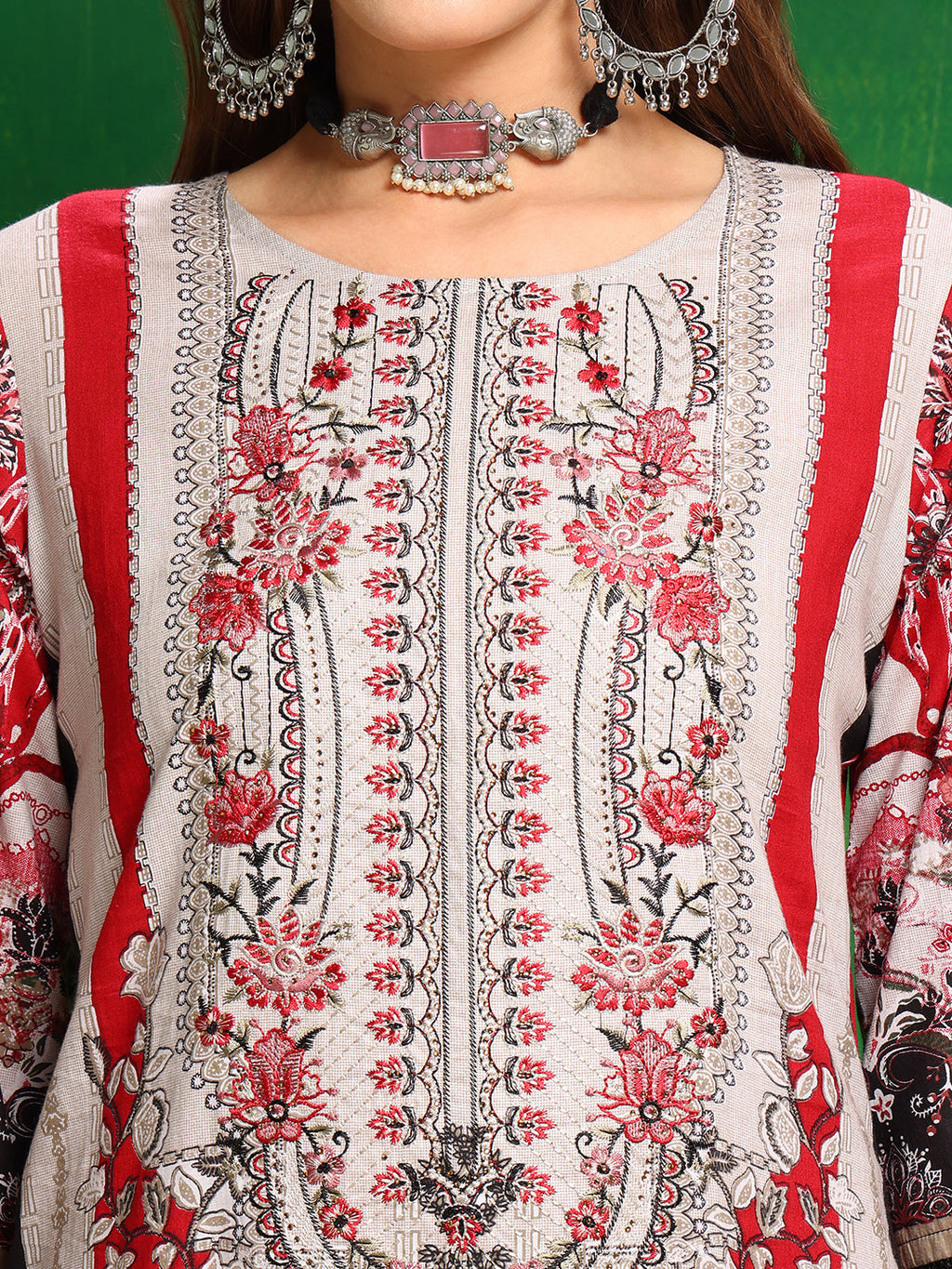 Pakistani Printed Kurta With Pant & Dupatta, Red - Hiral Fashion