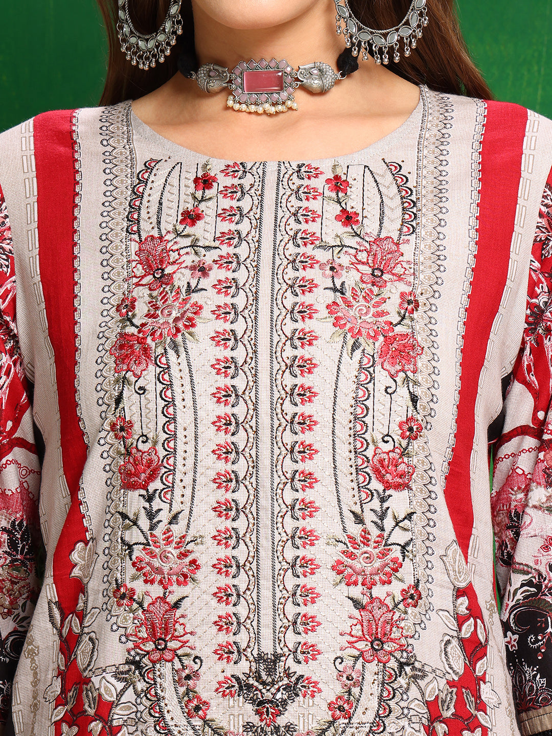 Pakistani Printed Kurta With Pant & Dupatta, Red - Hiral Fashion