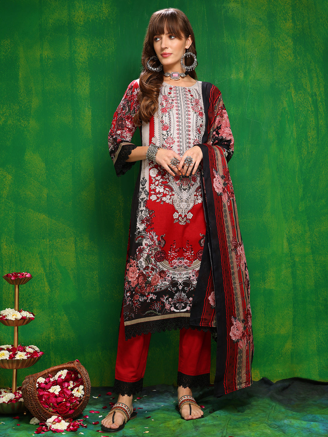 Pakistani Printed Kurta With Pant & Dupatta, Red - Hiral Fashion