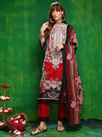Pakistani Printed Kurta With Pant & Dupatta, Red - Hiral Fashion