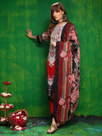 Pakistani Printed Kurta With Pant & Dupatta, Red - Hiral Fashion
