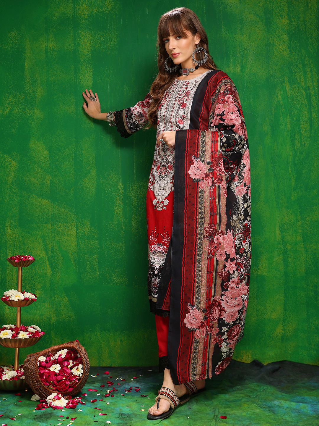 Pakistani Printed Kurta With Pant & Dupatta, Red - Hiral Fashion