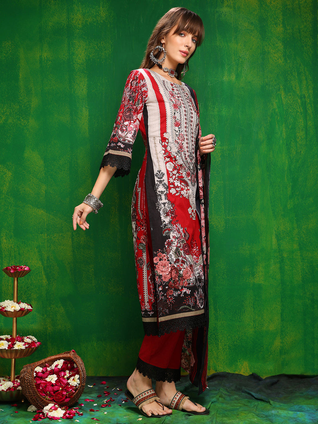 Pakistani Printed Kurta With Pant & Dupatta, Red - Hiral Fashion