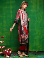 Pakistani Printed Kurta With Pant & Dupatta, Red - Hiral Fashion