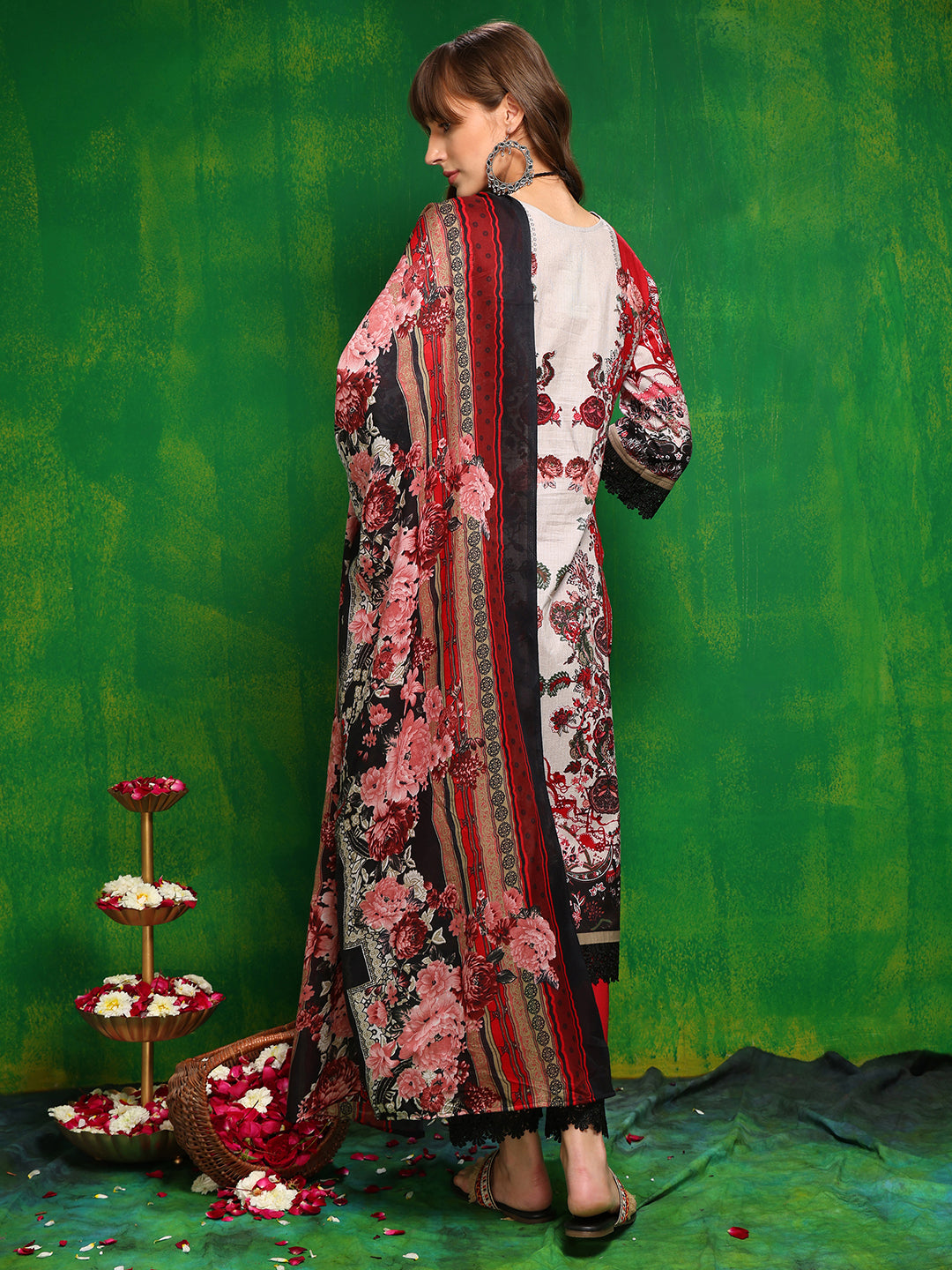 Pakistani Printed Kurta With Pant & Dupatta, Red - Hiral Fashion